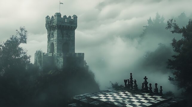 Foggy morning in an old European city with light illuminating a narrow stone archway in a dark alley