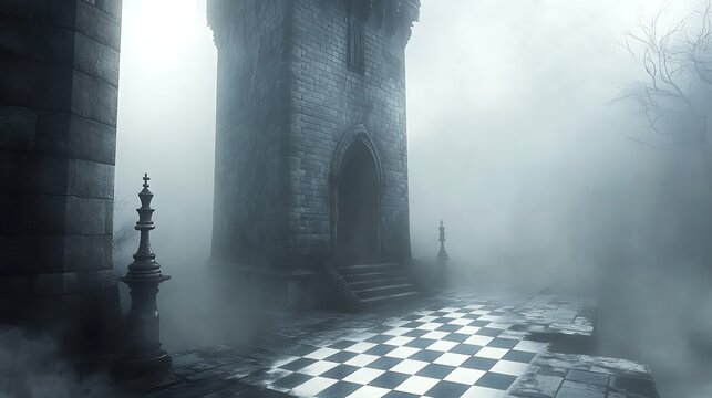 Foggy morning in an old European city with light illuminating a narrow stone archway in a dark alley