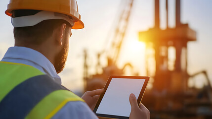 Construction worker in hardhat with tablet at sunset. Digital tech helps manage construction. Construction professional using technology for efficient workflow and progress.
