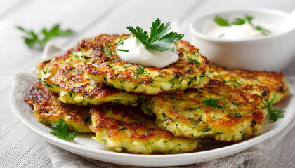 Zucchini fritters. Vegetable vegetarian zucchini pancakes
