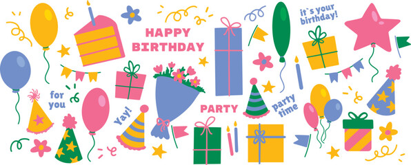Birthday party illustration. Cute vector collection for posters, invitations and celebration design.