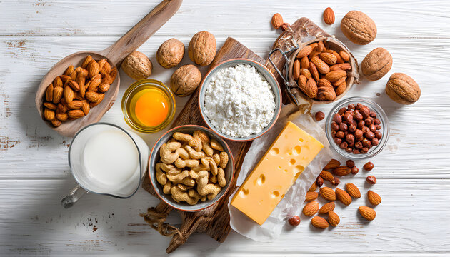 Allergy food concept. Allergic food on white wooden background. View from above