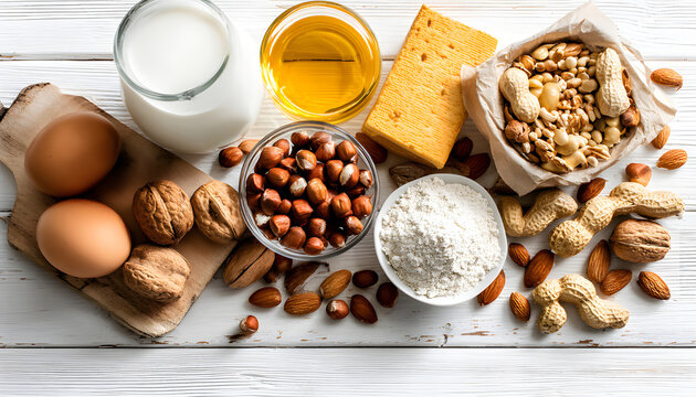 Allergy food concept. Allergic food on white wooden background. View from above - Powered by Adobe