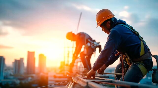 Two installers wearing safety harnesses adjusting a large antenna atop a rooftop golden sunset illuminating their figures while skyscrapers fade into the background dynamic