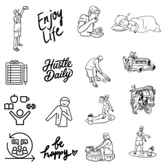 Daily life icons showing routine activities, work, home tasks, communication, fitness, relaxation, and modern lifestyle.