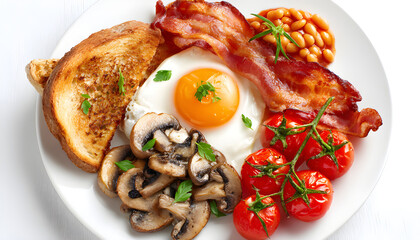 English breakfast fried egg, beans, tomatoes, mushrooms, bacon and toast. Top view