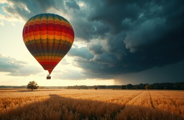 Naklejka premium Colorful hot air balloon floating over a golden wheat field during a stormy sky scene