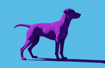 Fototapeta premium A purple dog silhouette standing on a light blue background with a shadow cast behind it