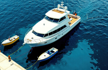 Obraz premium Luxury yacht moored at dock with smaller boats in calm blue water
