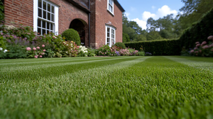 Lush green lawn with perfect stripes creates a serene landscape.  The house, floral garden, and neatly trimmed hedge complete the idyllic picture of a well-maintained estate.