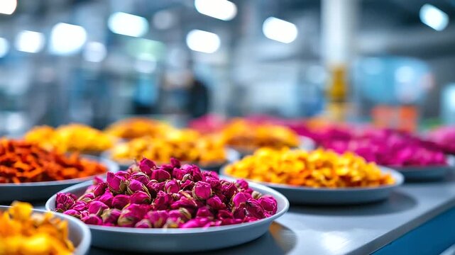 Rows of multicolored tea leaves and flower petals displayed in polished trays modern factory environment softly blurred behind light reflections amplifying natural tones