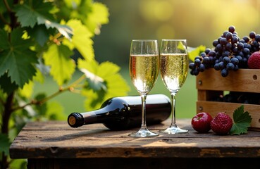 Woman enjoying wine with grapes and strawberries on rustic wooden table