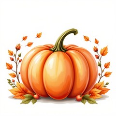 Naklejka premium Vibrant Orange Pumpkin Surrounded by Autumn Leaves and Berries