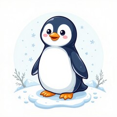 Obraz premium Cute Cartoon Penguin on Ice with Snowflakes and Winter Landscape