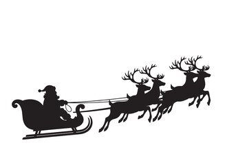 Vector art of silhouette of santa claus in his sleigh being pulled by reindeer, flying through the night sky