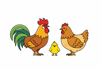 Vector art of cartoon illustration of a rooster, hen, and chick, standing together in a farmyard scene
