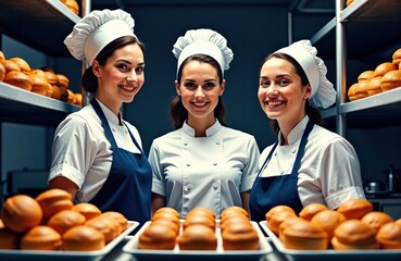 Cheerful female bakers in uniform standing in bakery kitchen with freshly baked bread