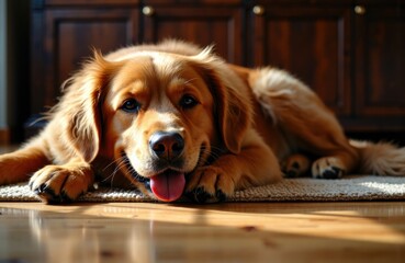 Golden retriever puppy lying on wooden floor with a relaxed expression