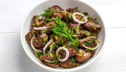 Fried chicken liver with onions and herbs. Top view