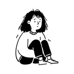 Obraz premium A sad girl sits curled up hugging her knees, hand-drawn black and white sketch on white background, concept of loneliness and anxiety