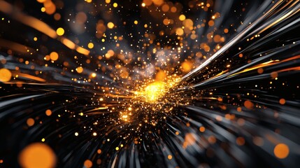 Fototapeta premium Abstract illustration of dynamic, glowing particles and lines. A burst of light and energy against a dark background