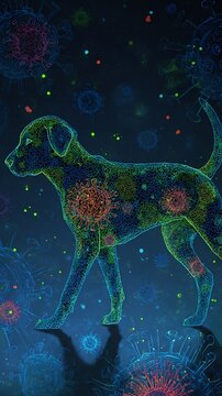 Animal parvovirus glowing neon puppy silhouette radiant viral invasion futuristic veterinary virology artwork