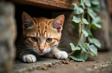 A curious orange tabby cat peeks out from beneath a wooden structure with green foliage nearby