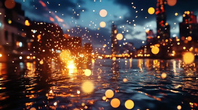 A blurry night scene showcasing a cityscape reflected in water, filled with sparkling lights