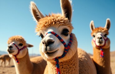 Obraz premium Colorful llamas with harnesses standing outdoors under a clear blue sky