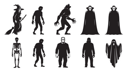 Vector art of collection of halloween monsters silhouette, including witch, vampire and zombie