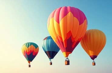 Fototapeta premium Colorful hot air balloons floating in clear sky with bright sunlight