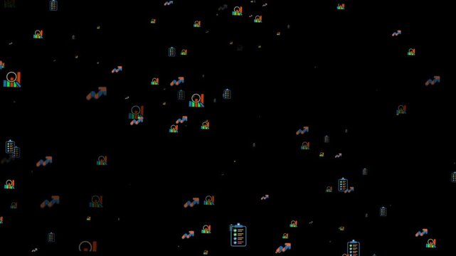 Dynamic Business Icons Pattern on Black Canvas finance. Premium business icon with particles 4k animation