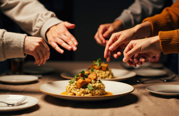 People reaching for plates of food at a dinner table during a social gathering