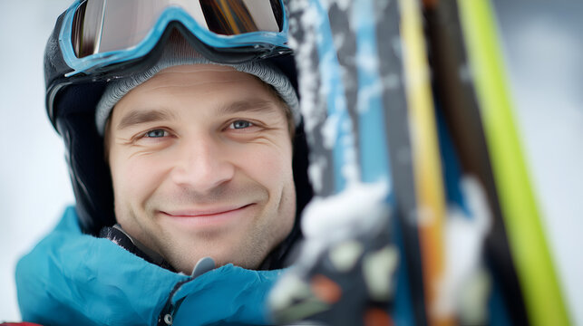 Close-up of smiling skier with goggles and helmet on a winter mountain. Wintertime sports and recreation concept in snow.