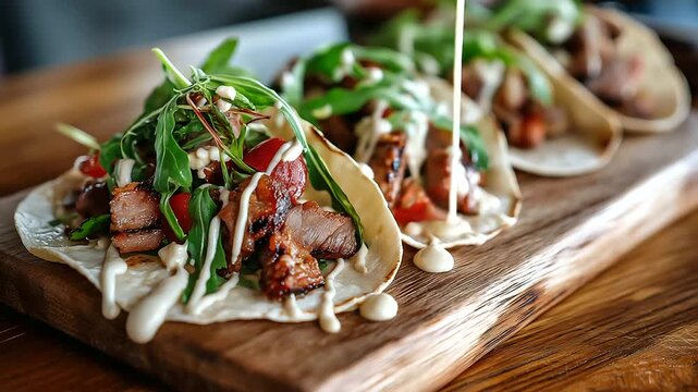 Street food style tacos presented on a rustic wooden surface grilled meats and fresh vegetables layered generously creamy sauces artistically drizzled composition vibrant and