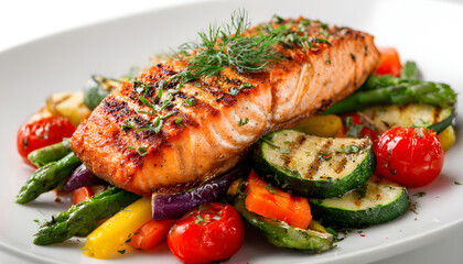 Cooked on steam salmon steak with vegetables. Top view