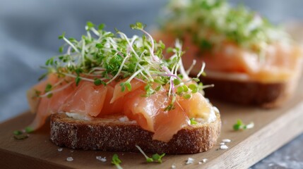 Delicious smoked salmon on fresh bread topped with vibrant sprouts. Perfect for brunch or a light meal. A colorful and healthy choice for food lovers. Enjoy this gourmet dish. AI