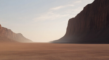 Naklejka premium Vast desert landscape featuring towering rock formations under a soft, hazy sky. The sandy ground stretches into the distance, evoking a sense of solitude and adventure. Nature's beauty
