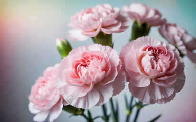 A charming closeup of a bouquet of light pink carnation flowers, showcasing their delicate petals and soft colors against a blurred background