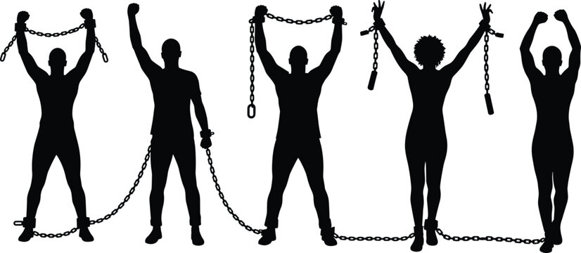People breaking chains in triumphant poses silhouette cartoon illustration, symbolic liberation and expressive gesture artwork for empowerment design