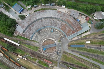 Railway turntable for locomotives aerial view train turntable