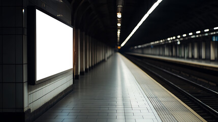 Obraz premium An empty subway station platform with a blank white billboard on the left; the scene is bathed in dim light, creating a sense of anticipation and mystery. The tiles evoke cleanliness.