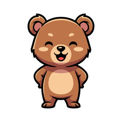 Cute brown bear cartoon standing proudly with happy expression, pink cheeks, thick outlines, bright colors, simple vector style on white background.
