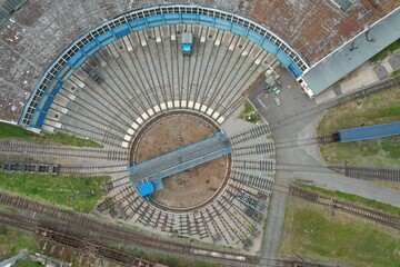 Railway turntable for locomotives aerial view train turntable