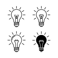 Four stylized line art illustrations of incandescent light bulbs, three outlined and one solid black, radiating light.