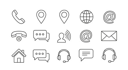 A collection of outline icons representing various contact and communication methods, including phone, location, internet, email, chat, voice, and home.