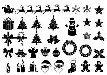 Black and white Christmas-themed illustrations featuring various festive decorations and symbols.