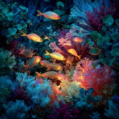 Obraz premium Animal symbiosis research abstract glowing coral reef filled radiant fish silhouettes futuristic ecological study