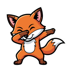 Cute cartoon fox doing a dab pose, orange fur with white belly and tail tip, brown ears and legs, smiling with closed eyes, isolated on white background.