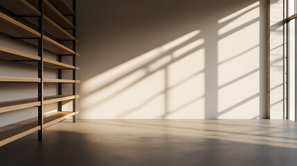 Obraz premium Minimalist interior with sunlit wall, wooden shelving on the side, and concrete floor creating a warm, bright, and modern aesthetic. The light from the window creates beautiful shadows.